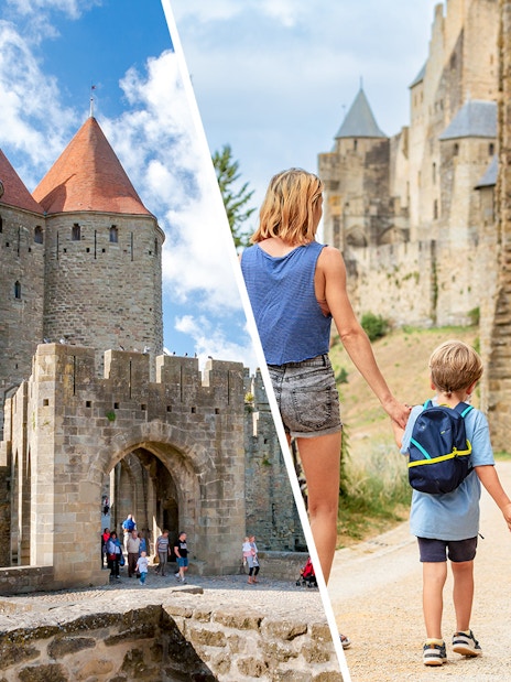 Carcassonne Castle with tourists entering and family walking along the castle walls.