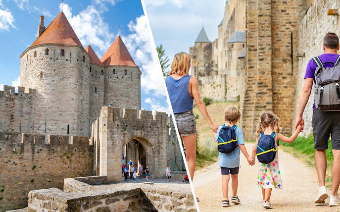 Carcassonne Castle with tourists entering and family walking along the castle walls.