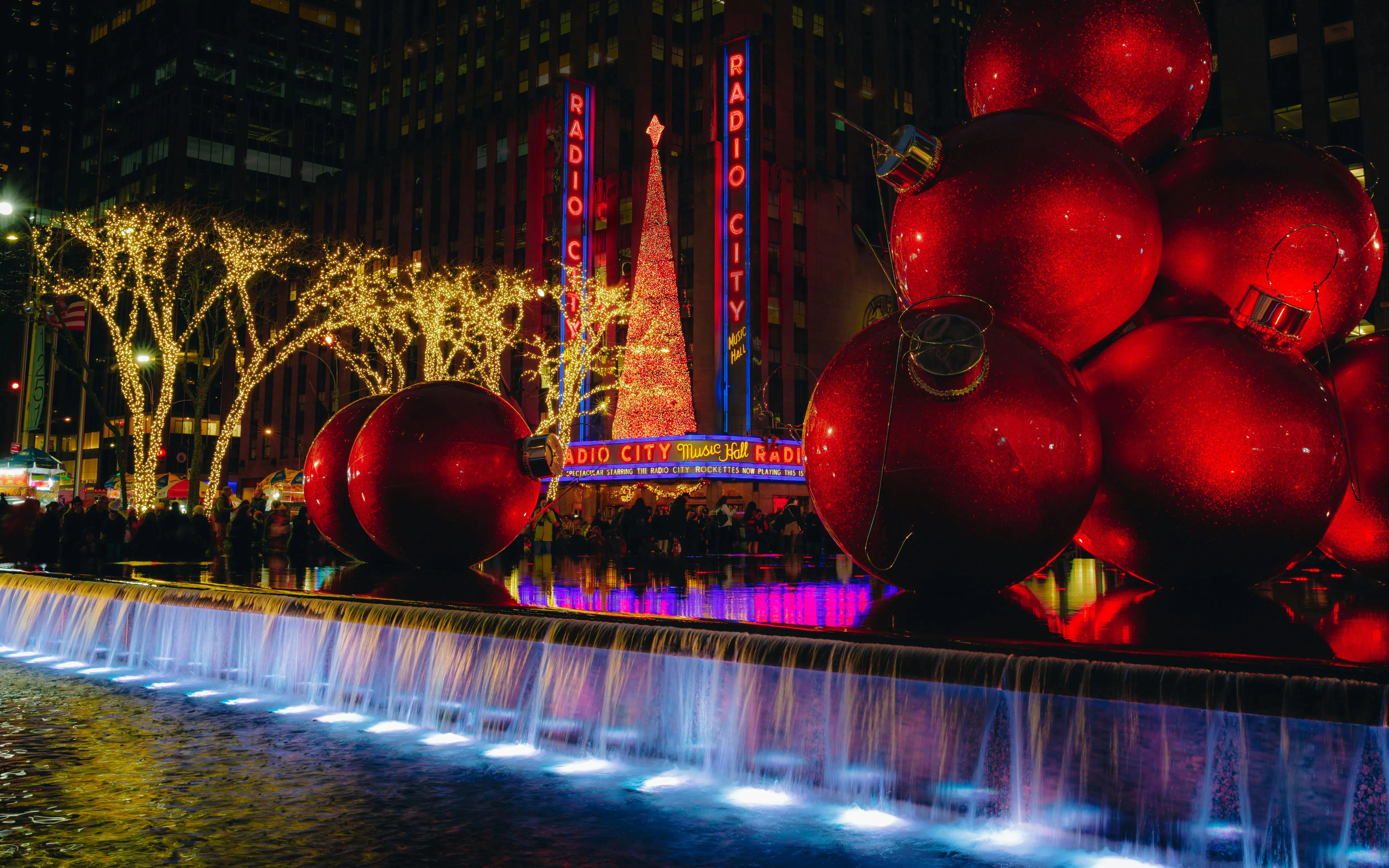 Radio City Music Hall with holiday lights and decorations in New York City.