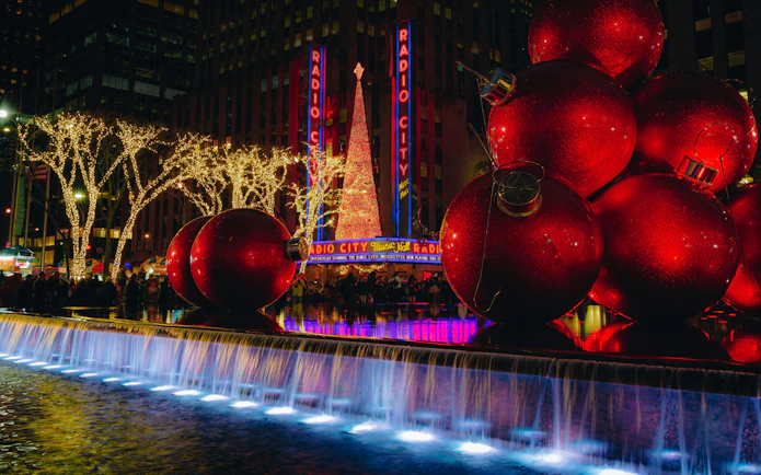 Radio City Music Hall with holiday lights and decorations in New York City.