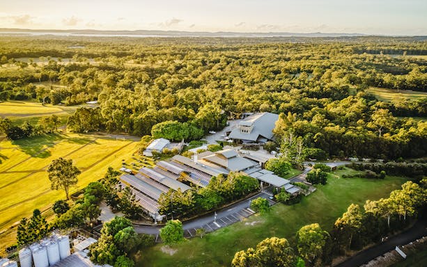 Aerial view of a winery surrounded by lush vineyards and forest, ideal for a tour and tasting experience.