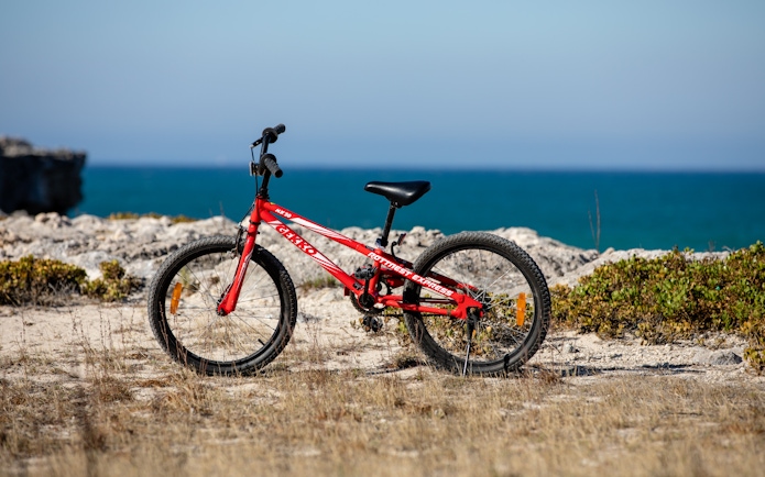 Red bicycle on rocky shore with ocean in the background.