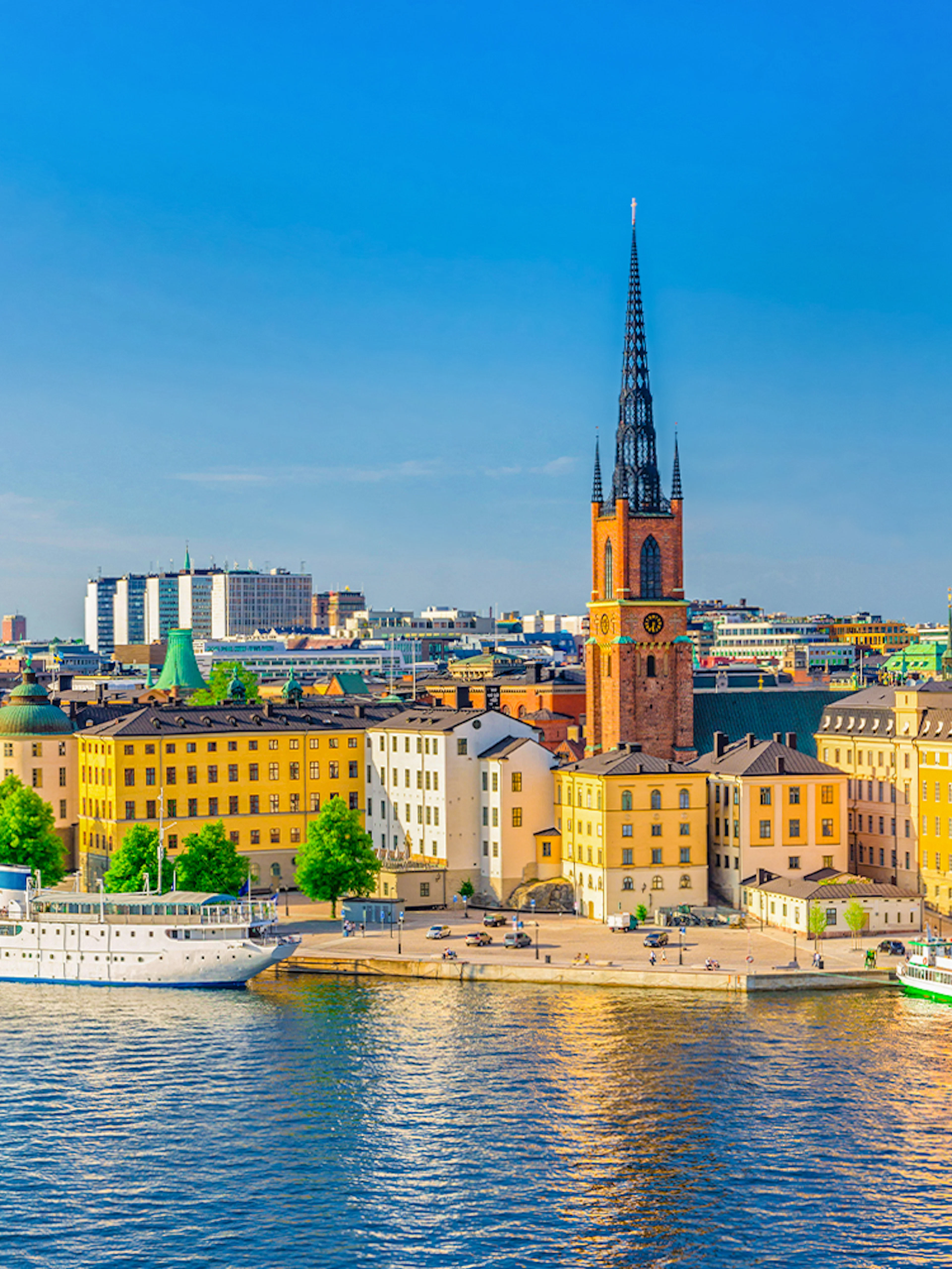 Stockholm skyline featuring Old Town Gamla Stan with historic buildings and waterfront.