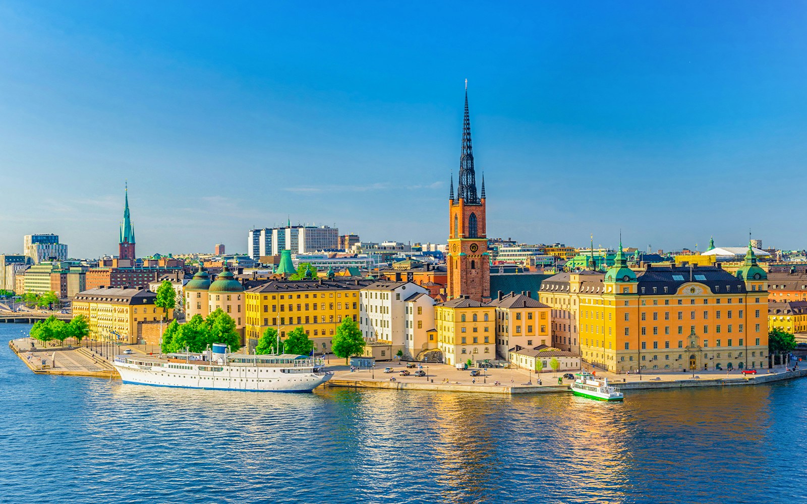 Stockholm skyline featuring Old Town Gamla Stan with historic buildings and waterfront.