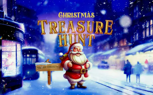 Santa Claus in snowy Athens street for Christmas Treasure Hunt game.