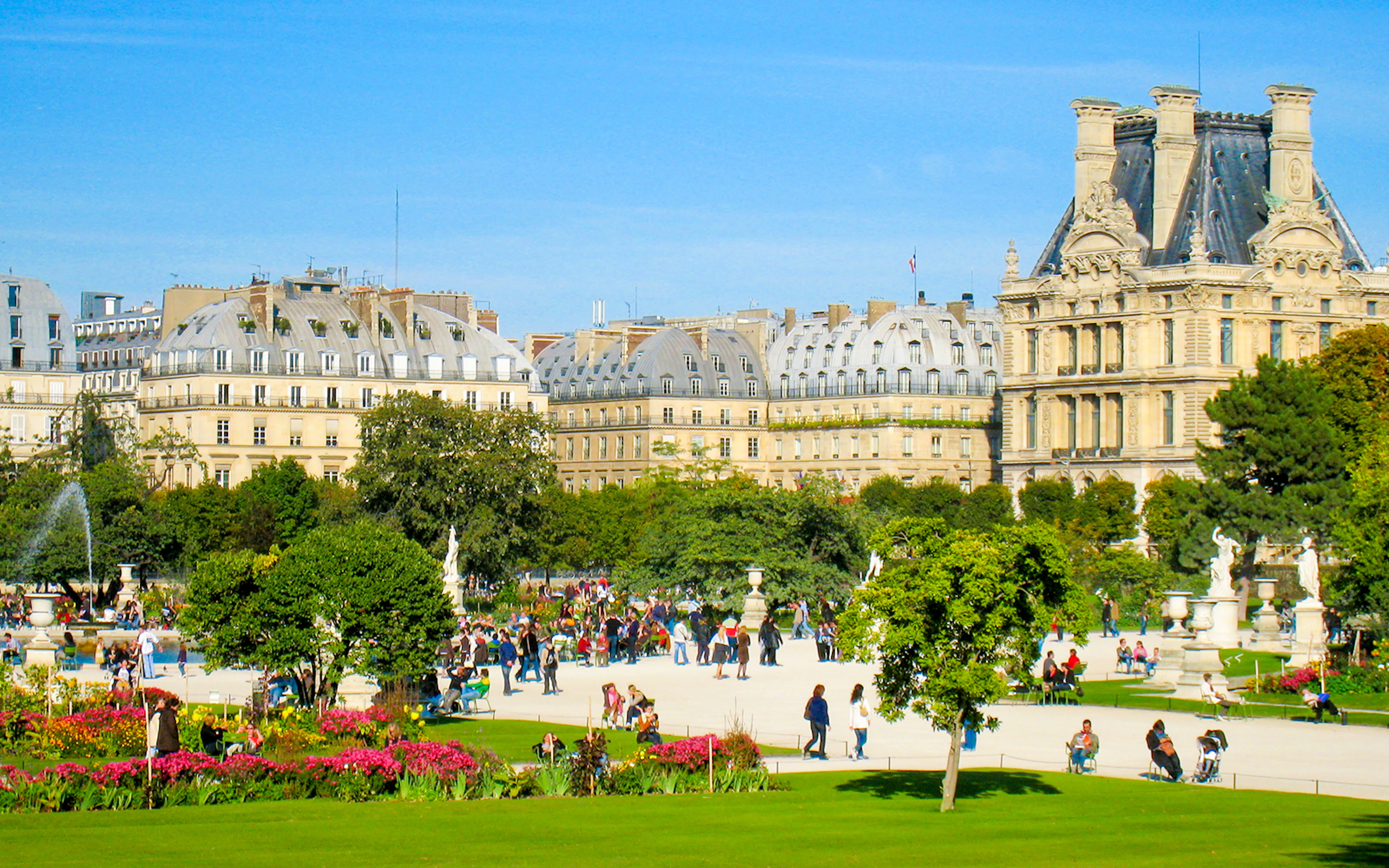 Tuileries Gardens' Grand Carre with manicured lawns and tree-lined pathways in Paris, France.