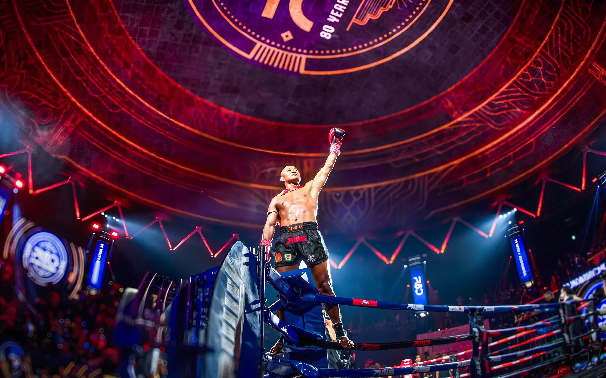 Muay Thai fighter celebrating victory at Rajadamnern Stadium, Bangkok.
