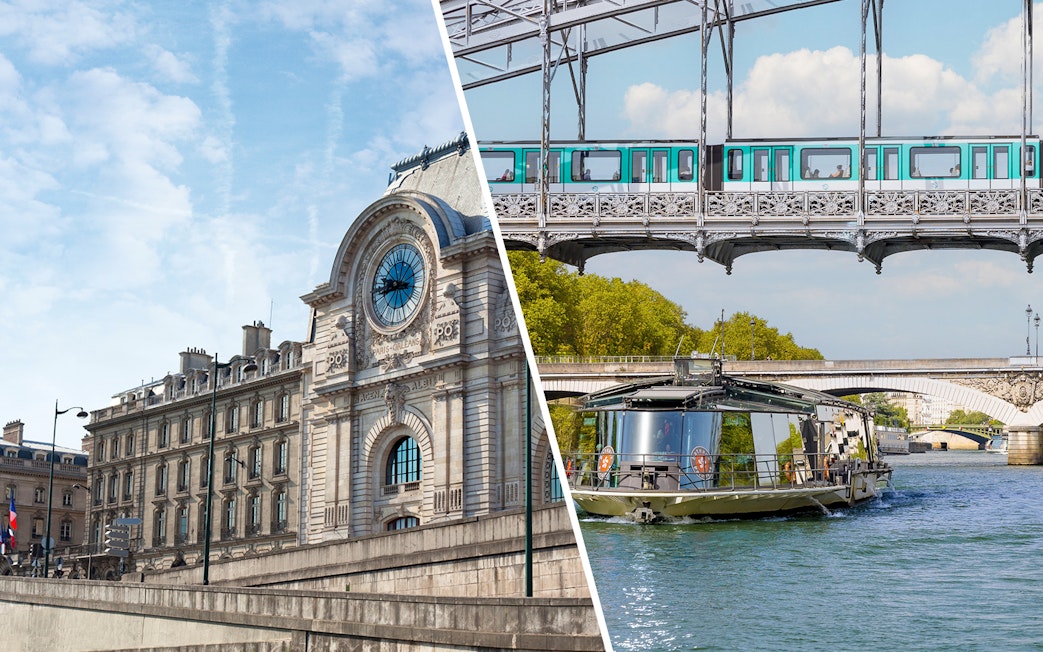 Orsay Museum facade and Seine River cruise boat under Paris bridge.