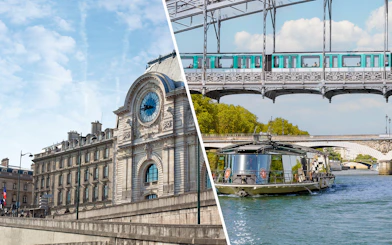 Orsay Museum facade and Seine River cruise boat under Paris bridge.