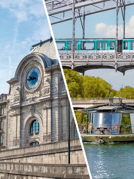 Orsay Museum facade and Seine River cruise boat under Paris bridge.