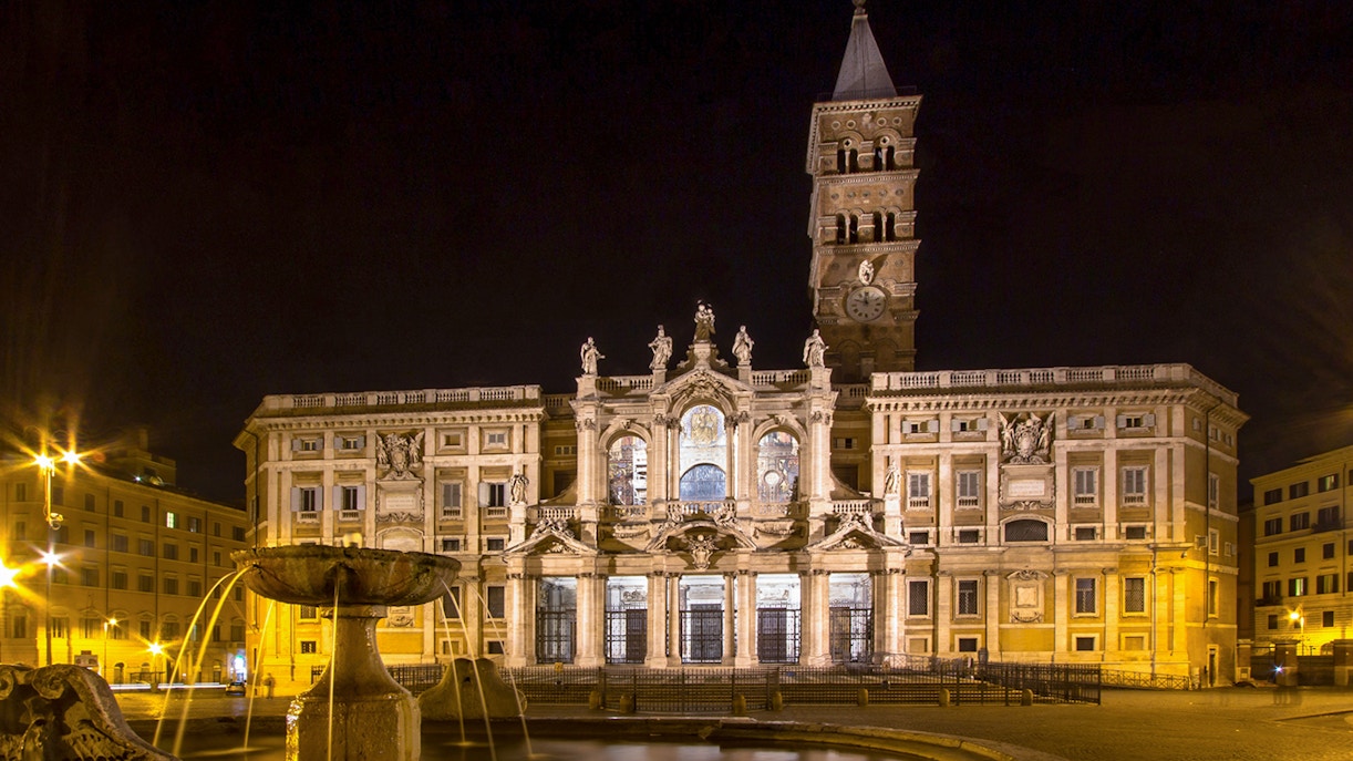 Basilica di Santa Maria Maggiore illuminated at night, Rome, Italy.