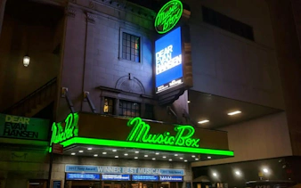 Music Box Theatre entrance with "Dear Evan Hansen" sign, New York.