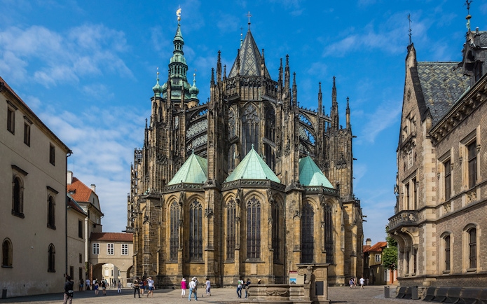Saint Vitus Cathedral exterior with tourists, Prague CoolPass, Czech Republic.