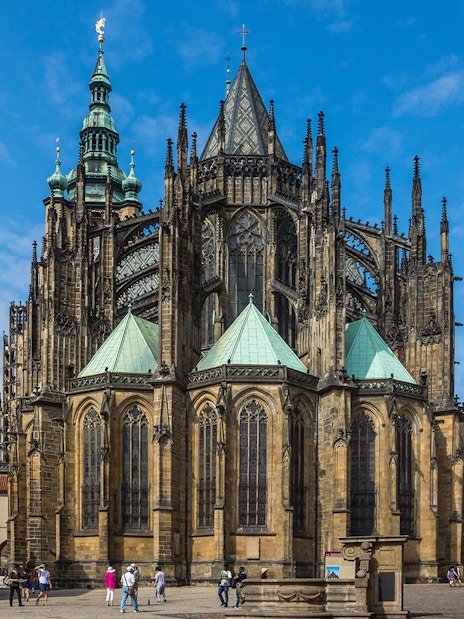 Saint Vitus Cathedral exterior with tourists, Prague CoolPass, Czech Republic.