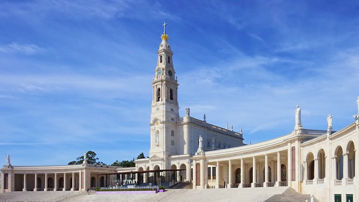 Basilica of Our Lady of the Rosary in Fatima, Portugal, with its iconic bell tower.