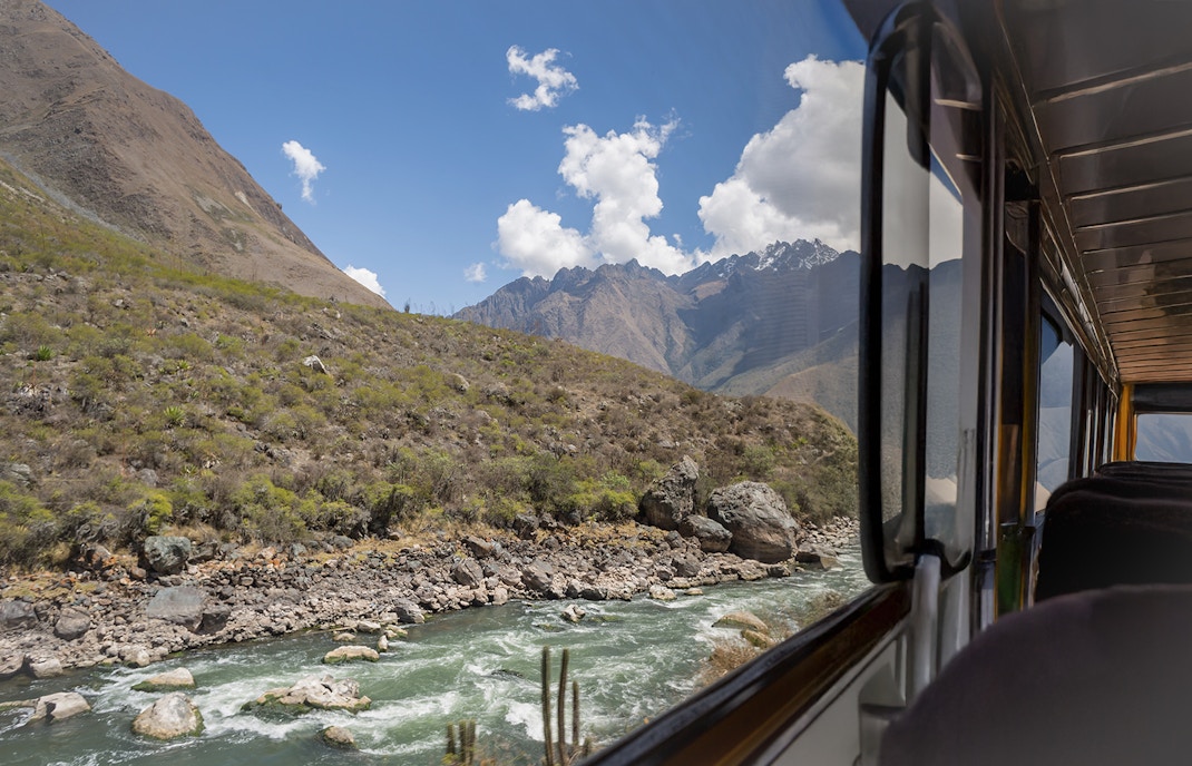 Panoramic view from bus of Machu Picchu mountains