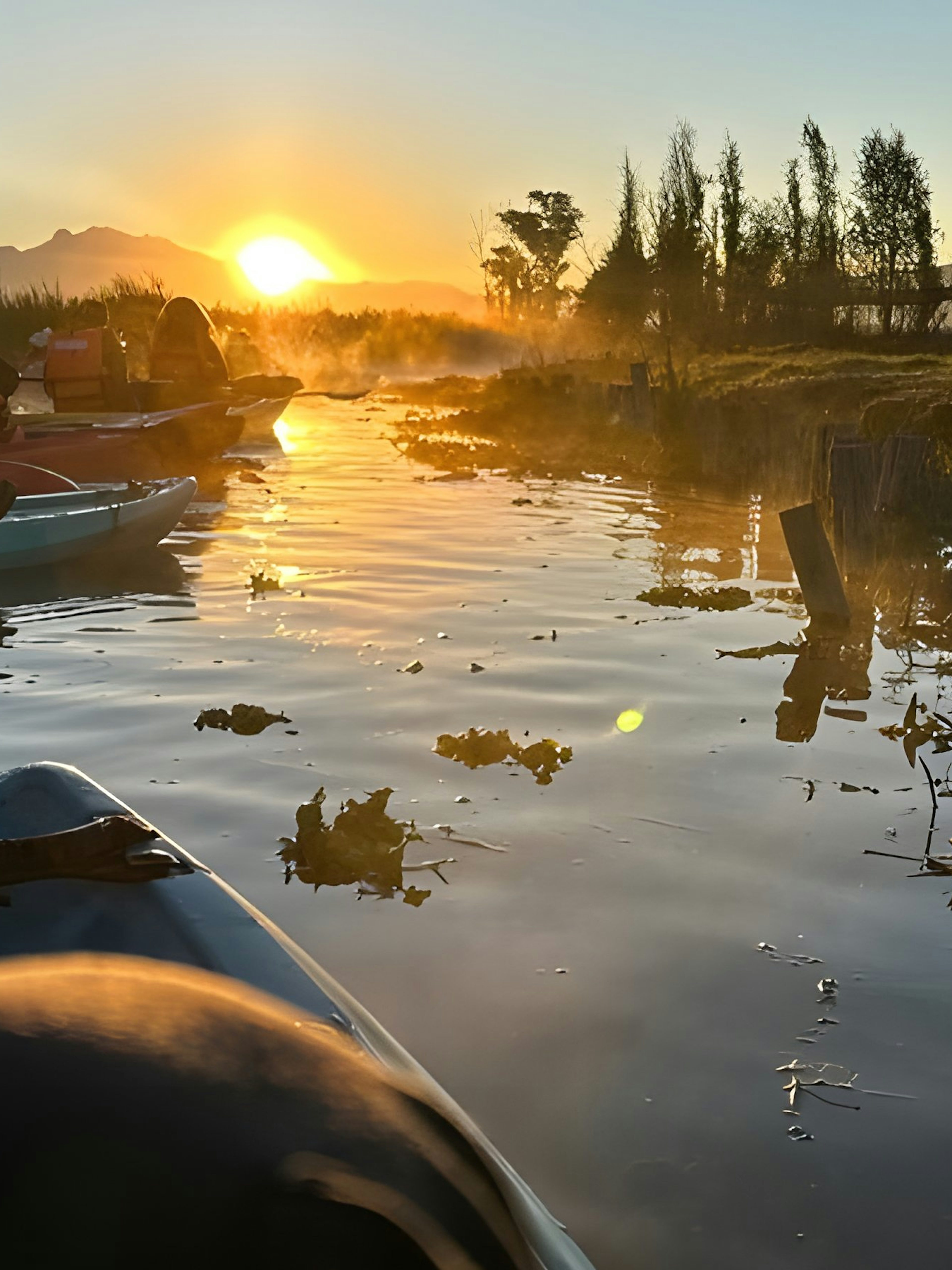 Kayaking at sunrise in Xochimilco canals with distant mountains.