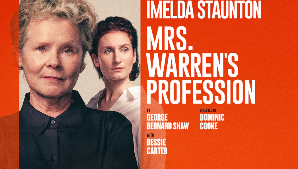 Poster for Mrs Warren's Profession play featuring two women against an orange background.