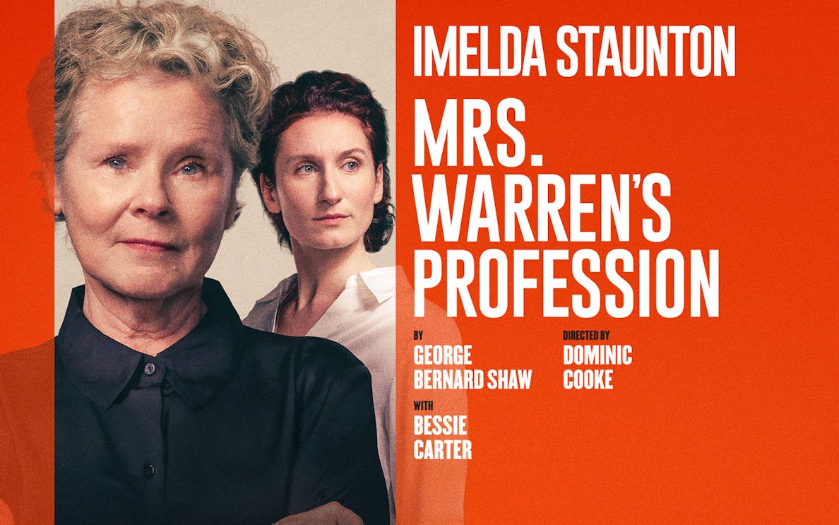 Poster for Mrs Warren's Profession play featuring two women against an orange background.