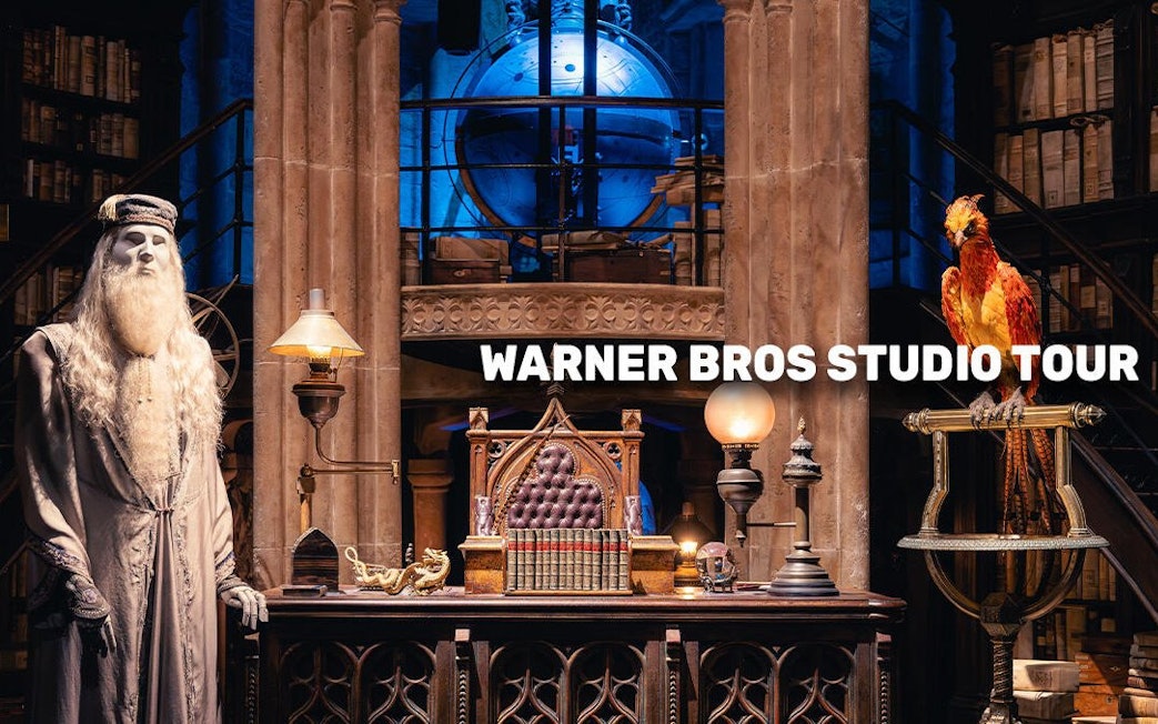 Warner Bros studio tour featuring a wizard's office with books and a phoenix.