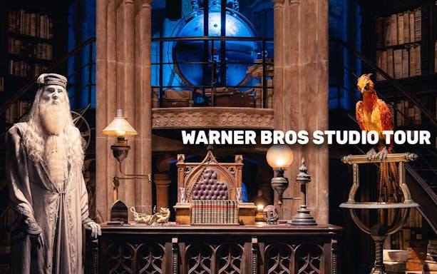 Warner Bros studio tour featuring a wizard's office with books and a phoenix.