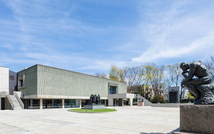 National Museum of Western Art courtyard with sculptures in Tokyo, Japan.