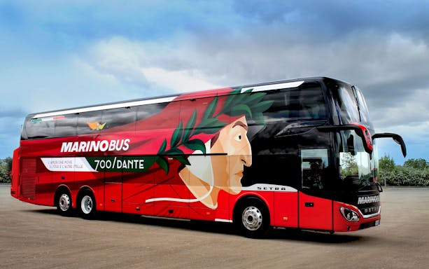 MarinoBus with Dante artwork for Naples to Rome route.
