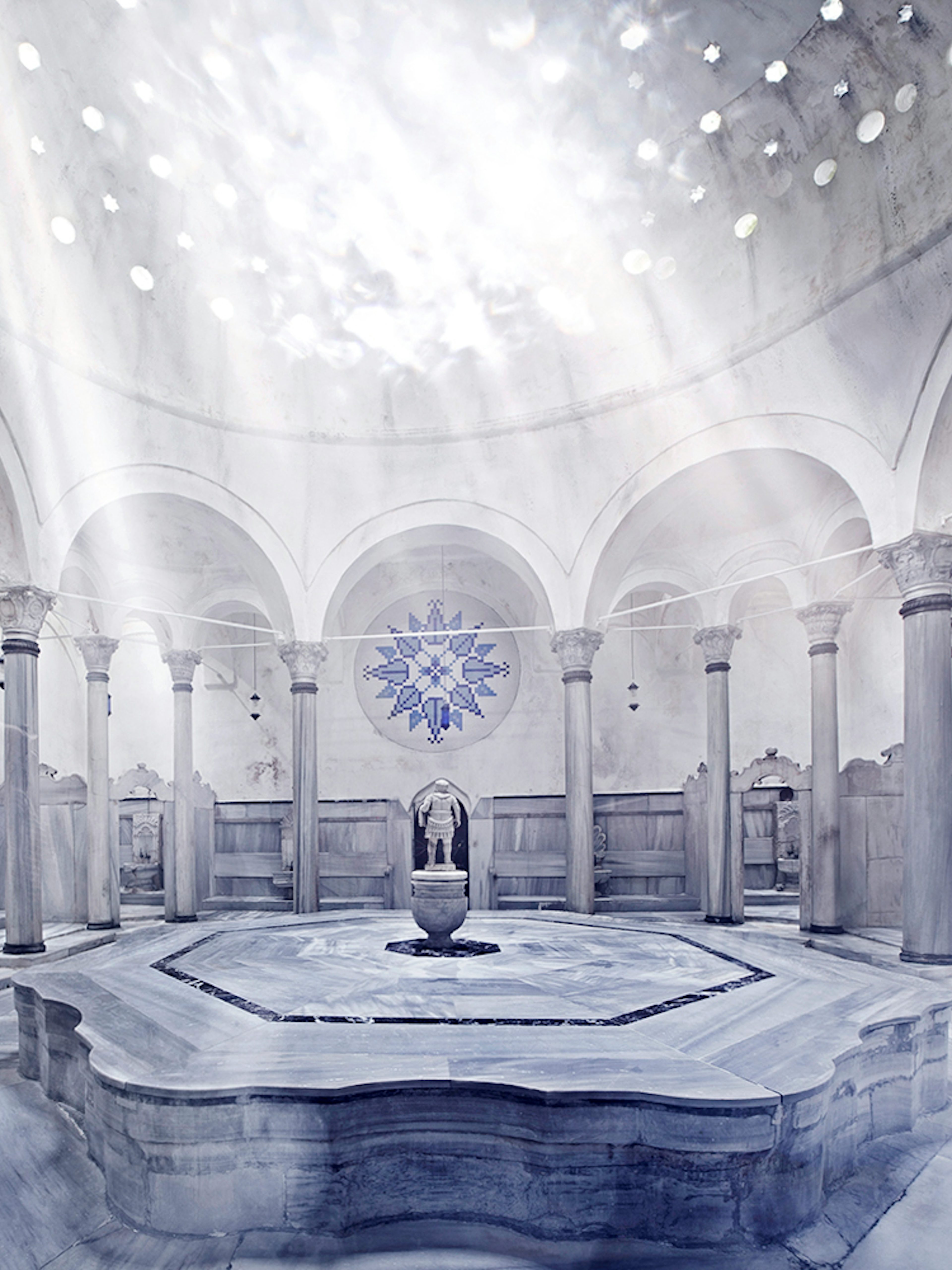 Cagaloglu Hammam interior with marble columns and central fountain, Istanbul.