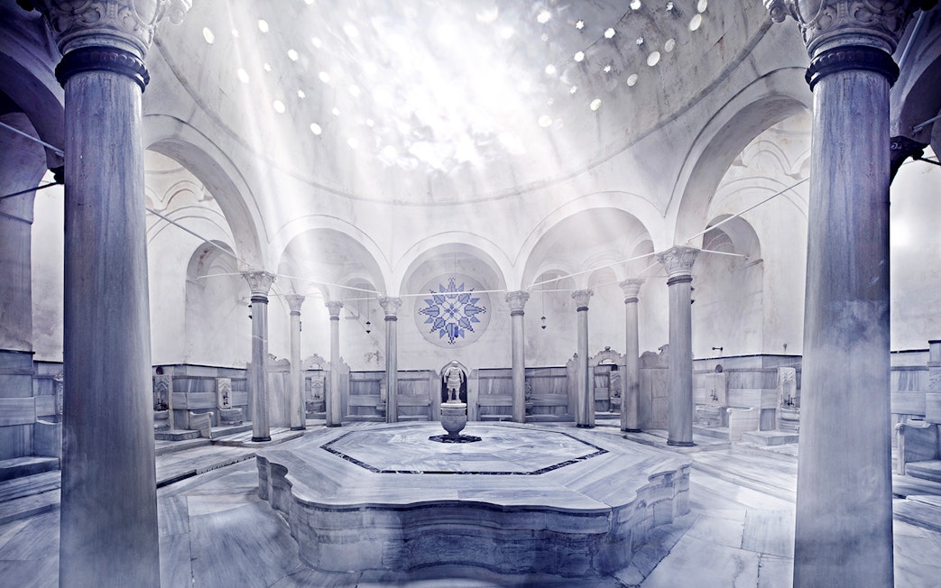 Cagaloglu Hammam interior with marble columns and central fountain, Istanbul.