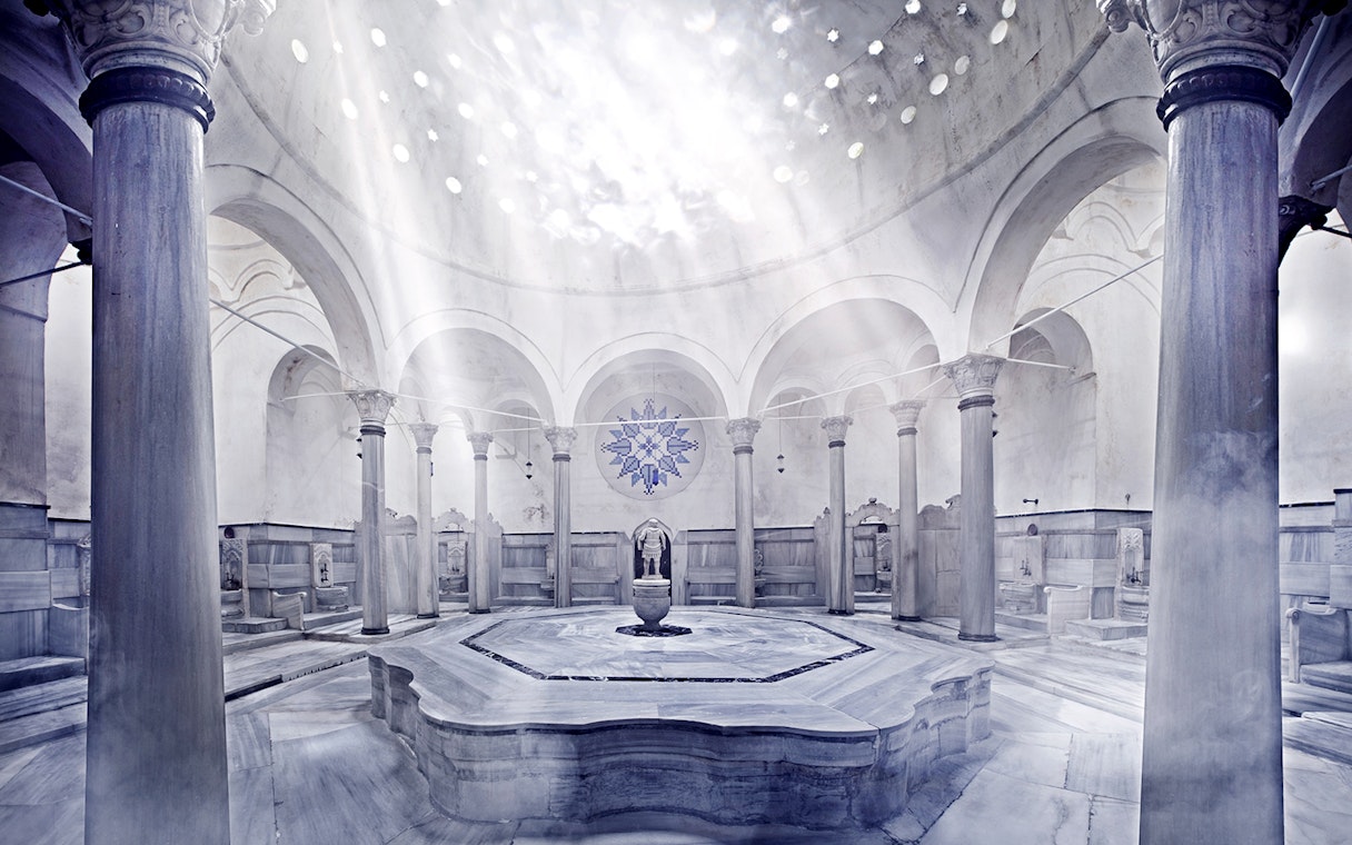 Cagaloglu Hammam interior with marble columns and central fountain, Istanbul.