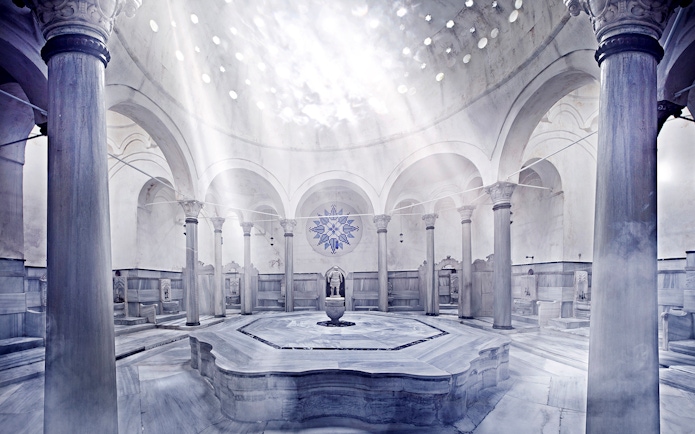 Cagaloglu Hammam interior with marble columns and central fountain, Istanbul.