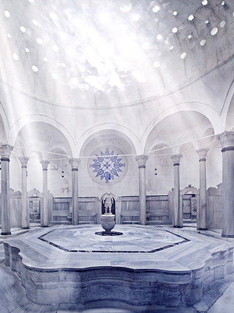 Cagaloglu Hammam interior with marble columns and central fountain, Istanbul.