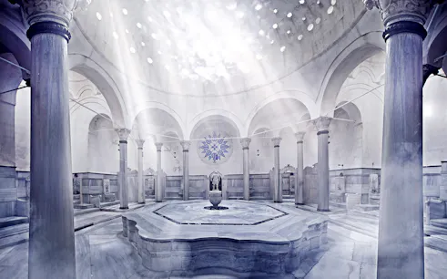 Cagaloglu Hammam interior with marble columns and central fountain, Istanbul.