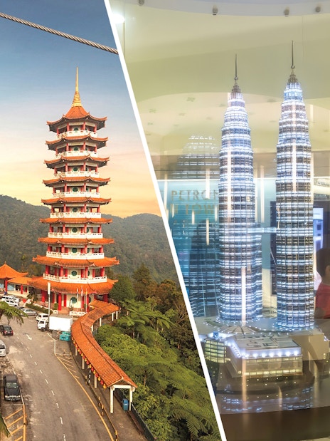 Genting Awana SkyWay cable car near pagoda tower in lush mountain landscape.