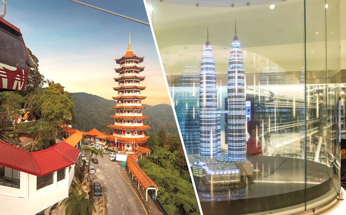 Genting Awana SkyWay cable car near pagoda tower in lush mountain landscape.