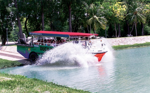 Amphibious vehicle splashing into water during DUCKtours Singapore.