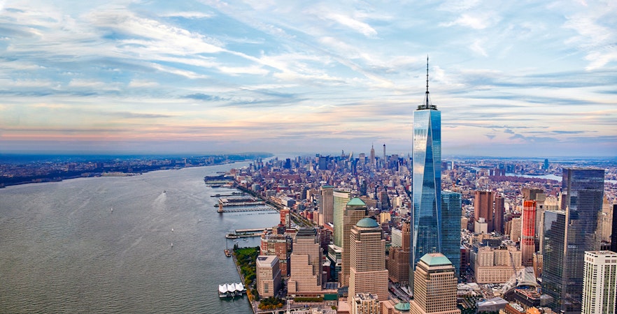 Aerial view of One World Observatory and Manhattan skyline, New York City.
