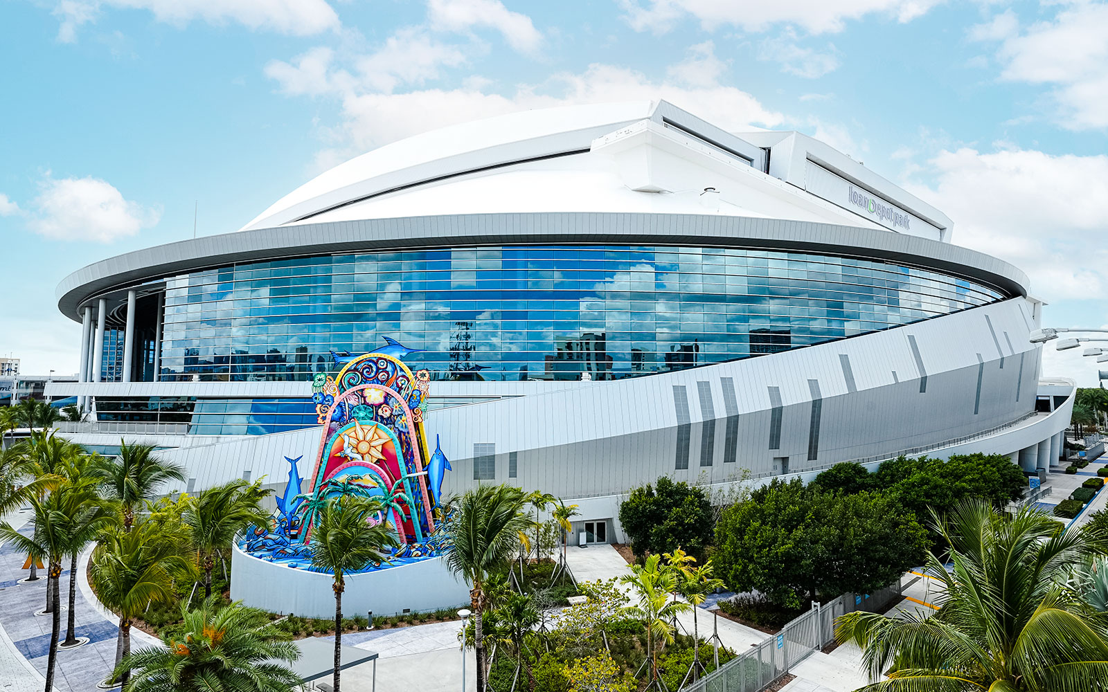 LoanDepot Park exterior with colorful sculpture, home of the Miami Marlins, Miami, Florida.