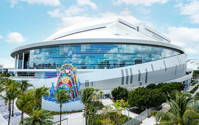 LoanDepot Park exterior with colorful sculpture, home of the Miami Marlins, Miami, Florida.