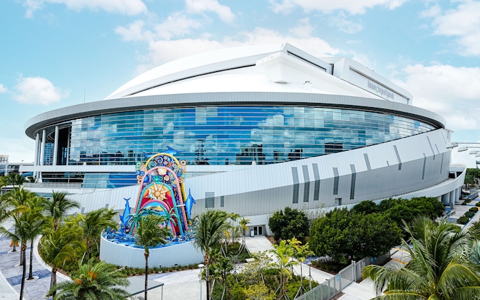 LoanDepot Park exterior with colorful sculpture, home of the Miami Marlins, Miami, Florida.
