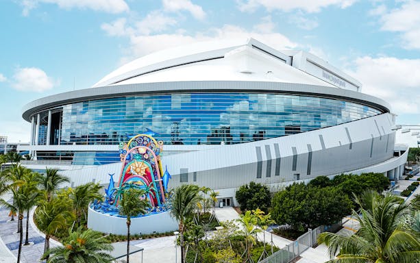 LoanDepot Park exterior with colorful sculpture, home of the Miami Marlins, Miami, Florida.