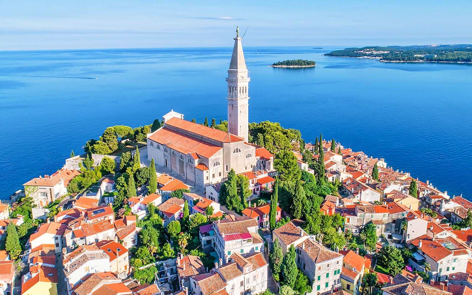 Rovinj old town aerial view with St. Euphemia's Church, Croatia.