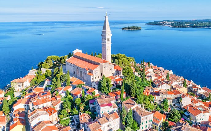 Rovinj old town aerial view with St. Euphemia's Church, Croatia.