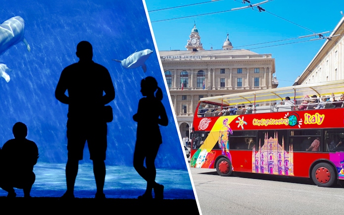 Genoa Aquarium visitors and hop-on hop-off bus in Genoa city center.