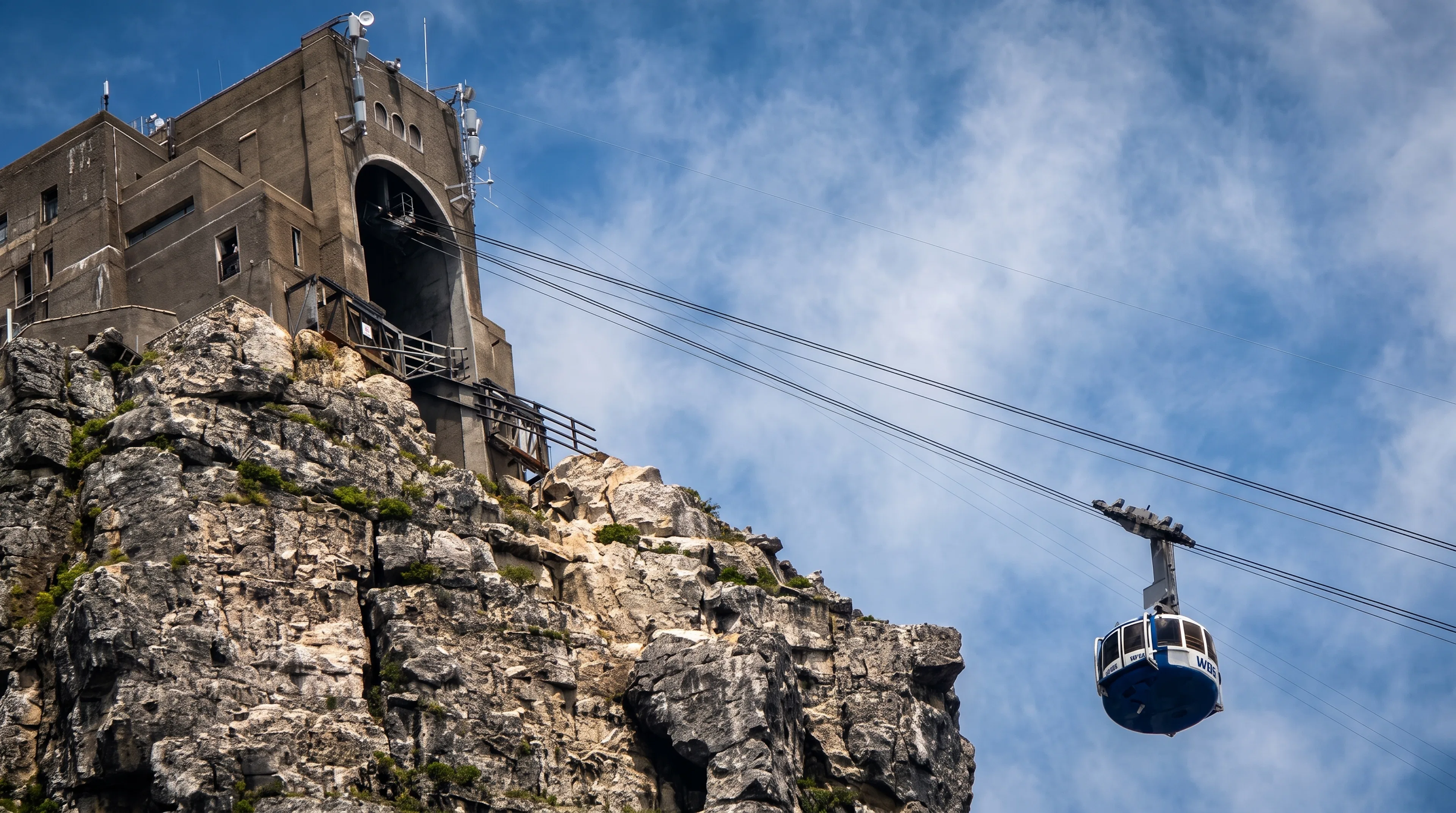 Cable car ascending Table Mountain in Cape Town, South Africa.