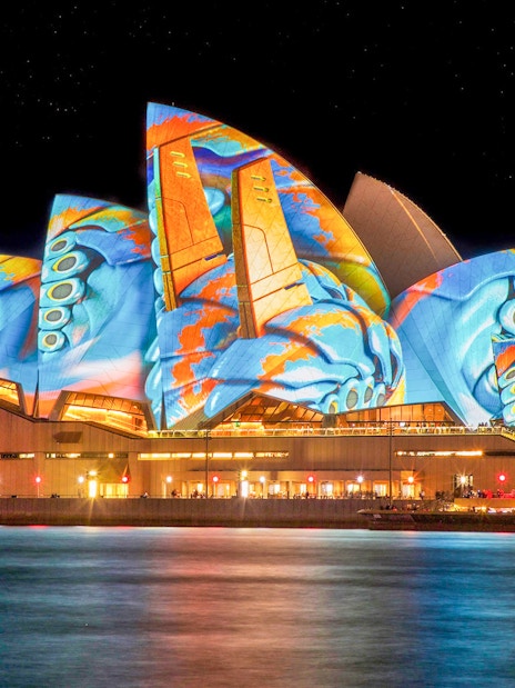 Sydney Opera House illuminated during Vivid Sydney Cruises.