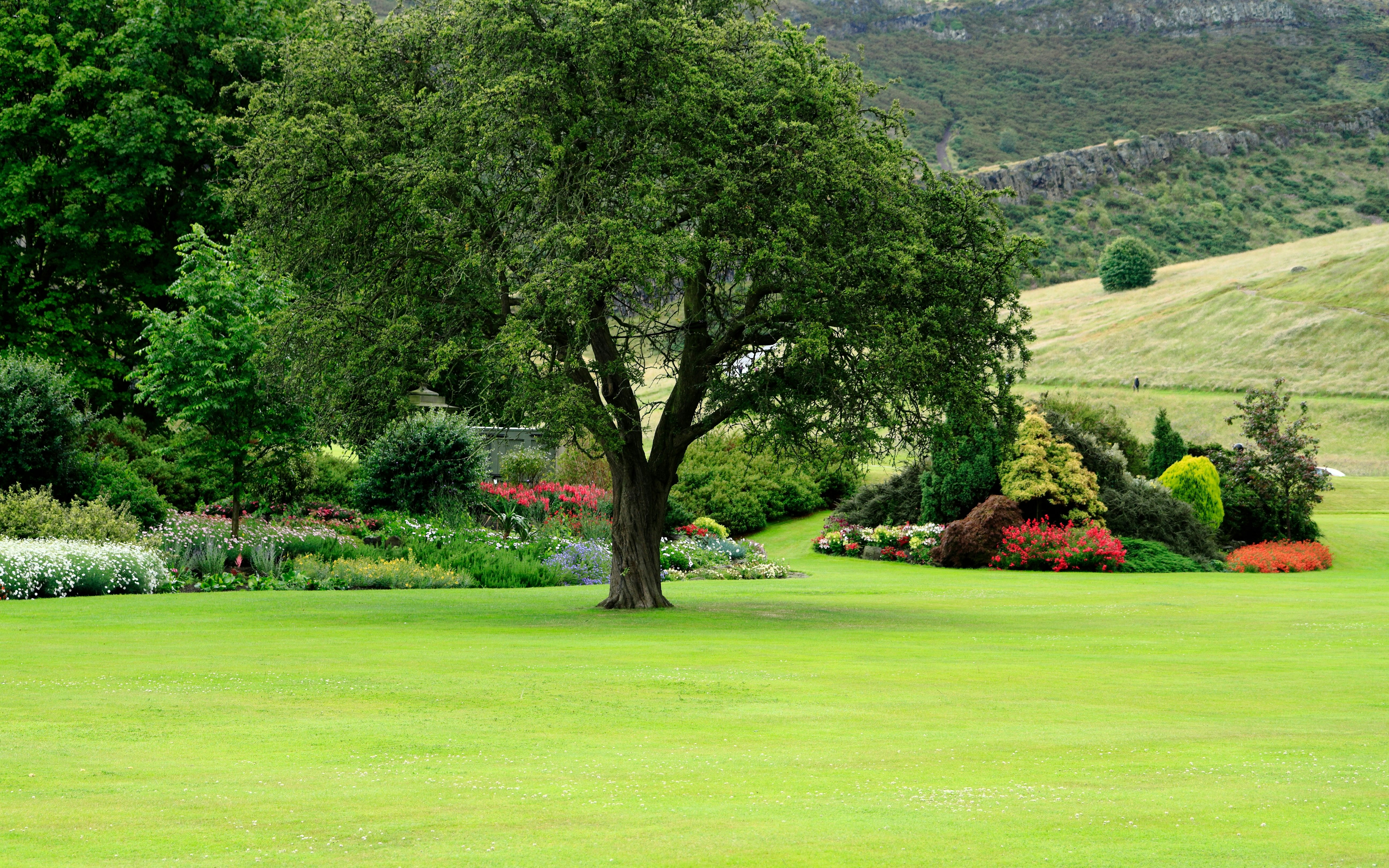 Holyroodhouse Gardens with lush greenery and colorful flower beds in Edinburgh.