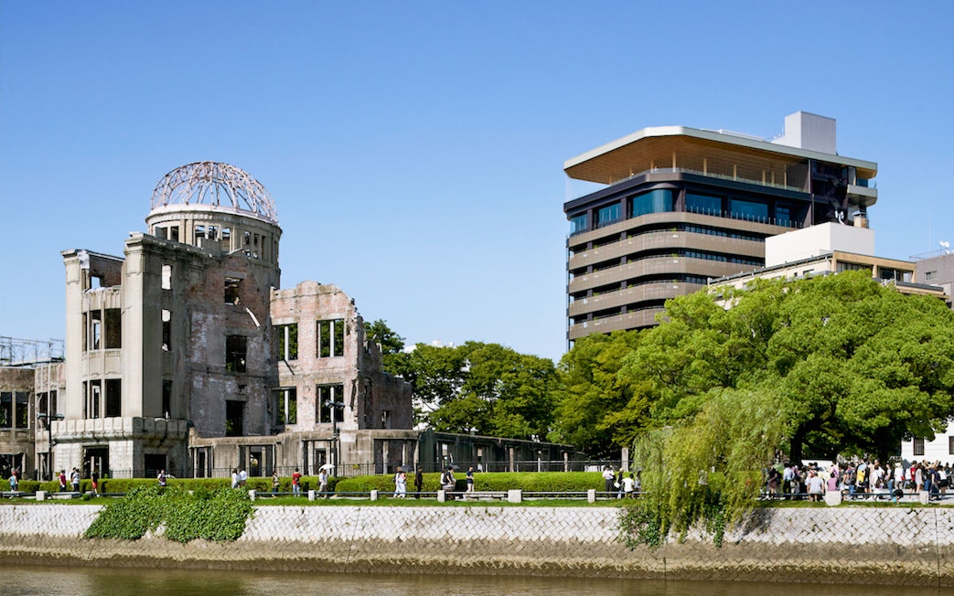 Hiroshima Peace Memorial and Orizuru Tower in Hiroshima, Japan.