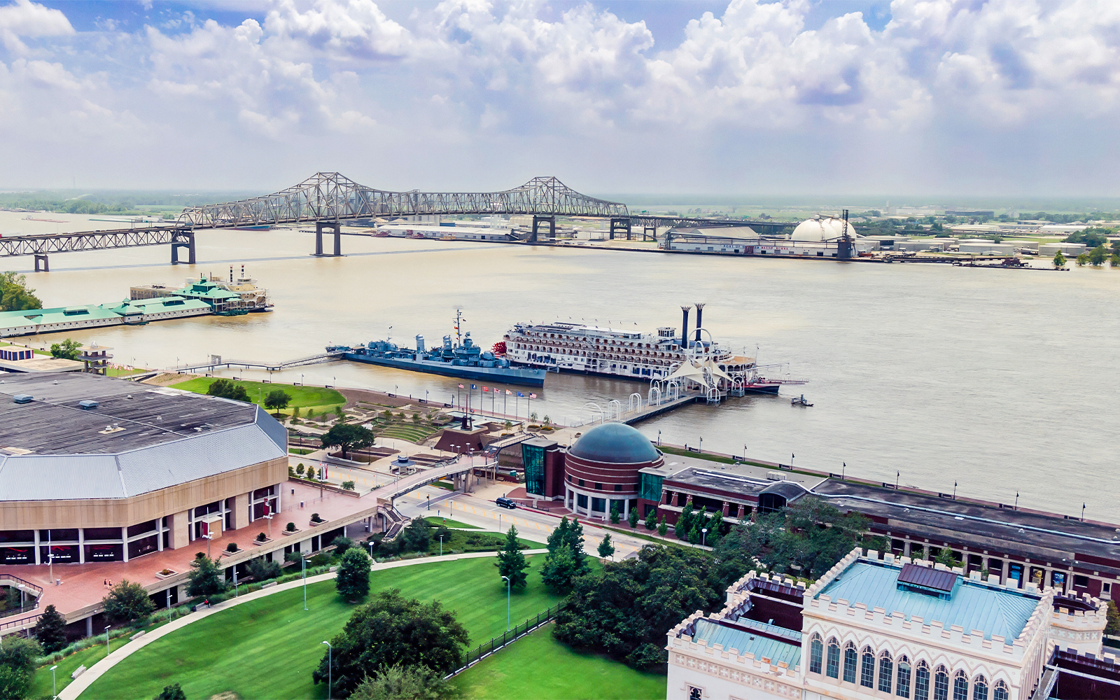 USS Kidd warship and downtown and the Mississippi River port, Louisiana, USA
