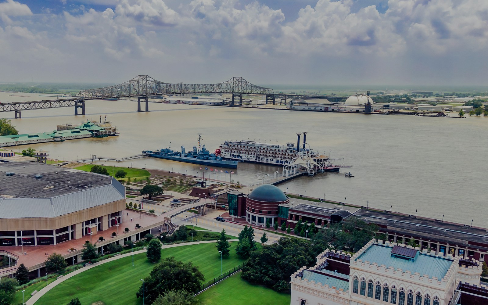 USS Kidd warship and downtown and the Mississippi River port, Louisiana, USA